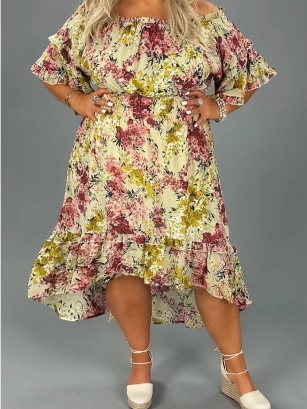 Umgee Floral High-Low Midi Dress in Cream, Pink & Yellow